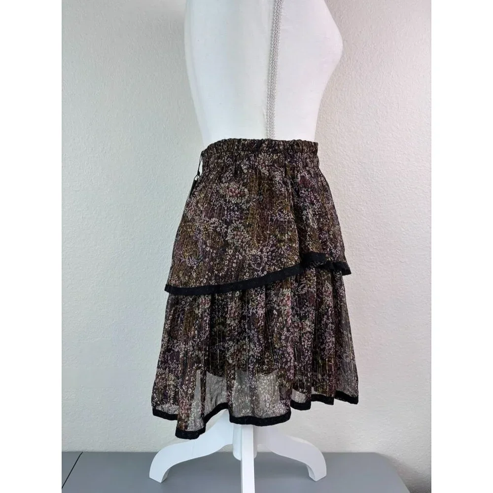 Allison‎ New York women's small brown patterned tiered mini skirt metallic NWT